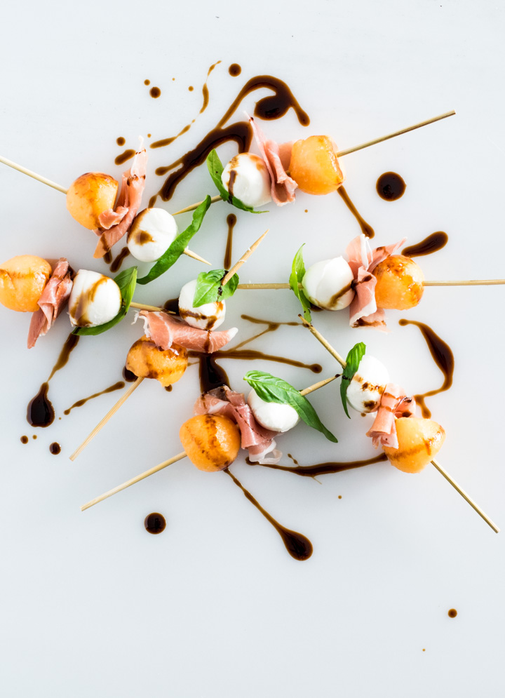 Balsamic Glazed Melon, Prosciutto and Mozzarella Skewers